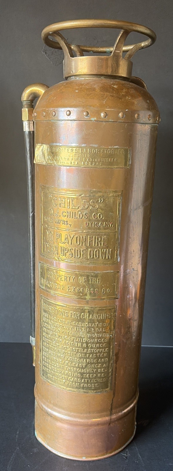 Vintage O.J. Childs Copper Fire Extinguisher American Express Co Stamped Sign