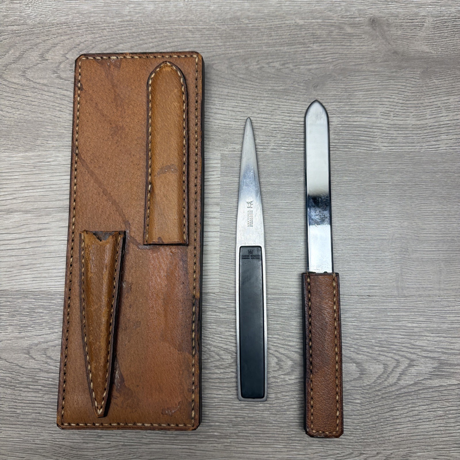 Vintage Aachen Germany Design Stainless Steel Letter Openers With Leather Case