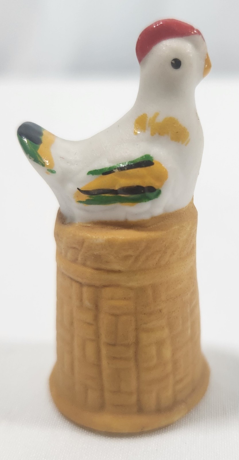 Vintage Miniature Bisque Porcelain Chicken On Basket Thimble