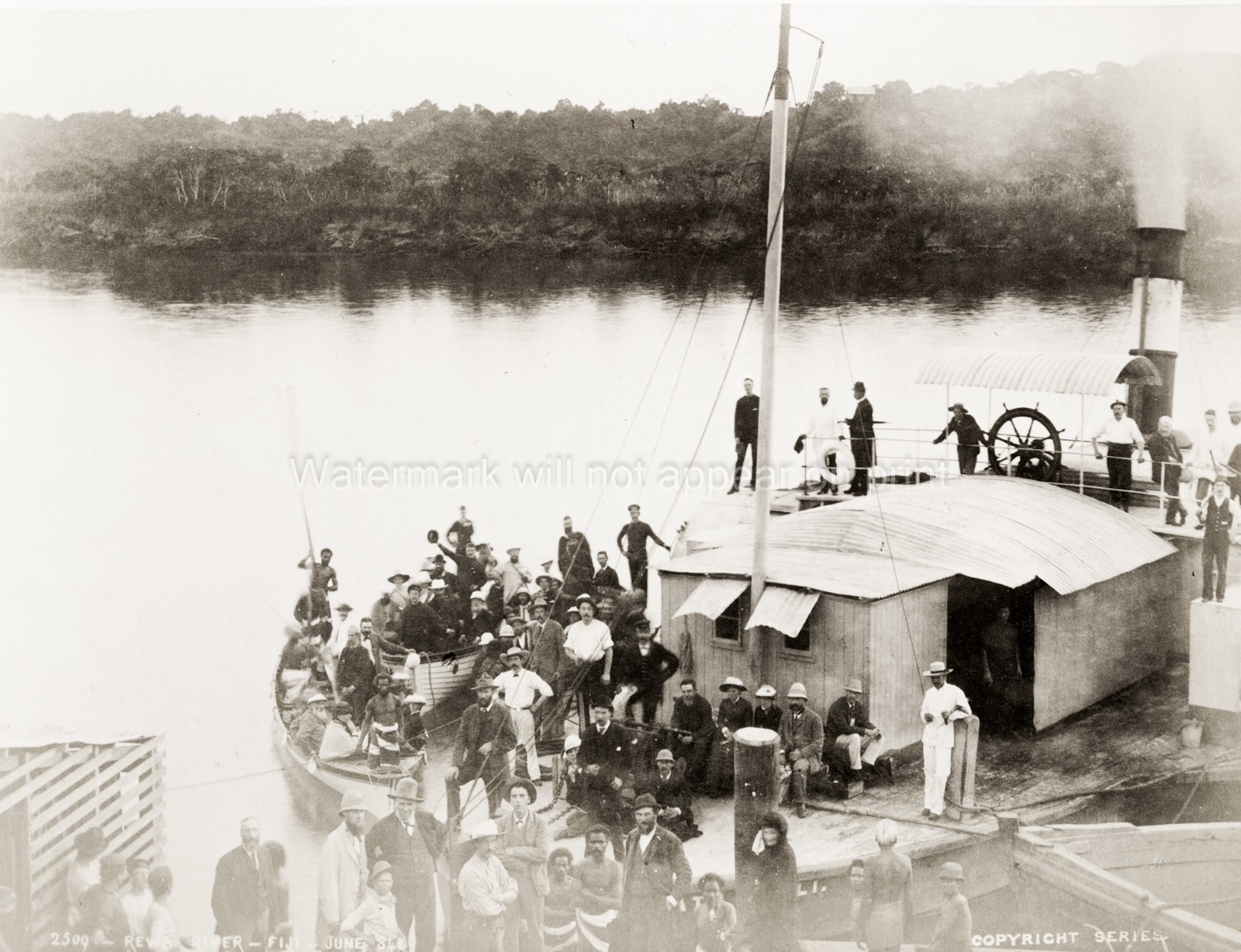 Fiji Rewa River Paddle Steamer Boat Passengers Dock Crowd Vtg. Photo 19thC.