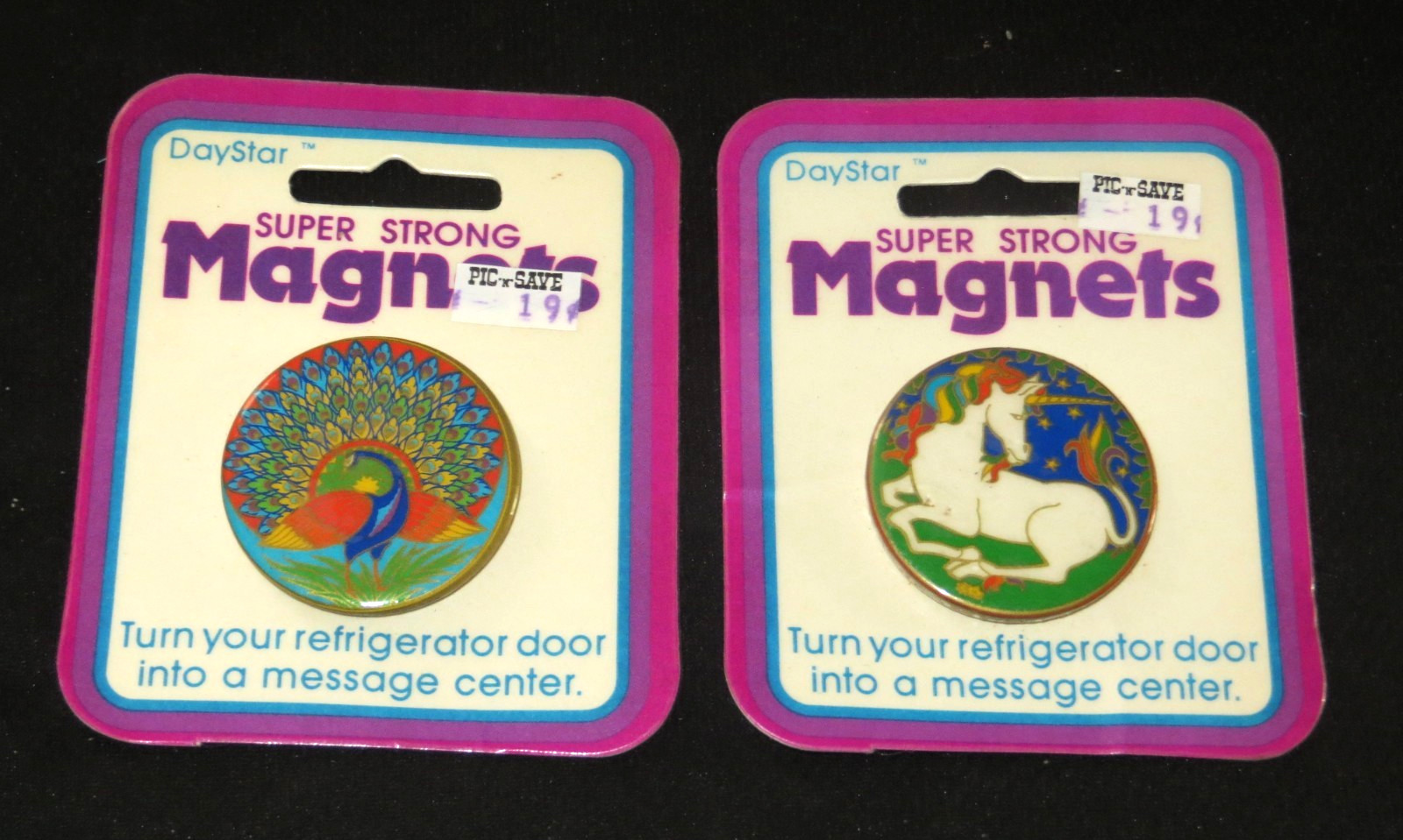 ILLUMINATIONS DAYCARE 1982 VINTAGE NOS PEACOCK UNICORN MAGNETS