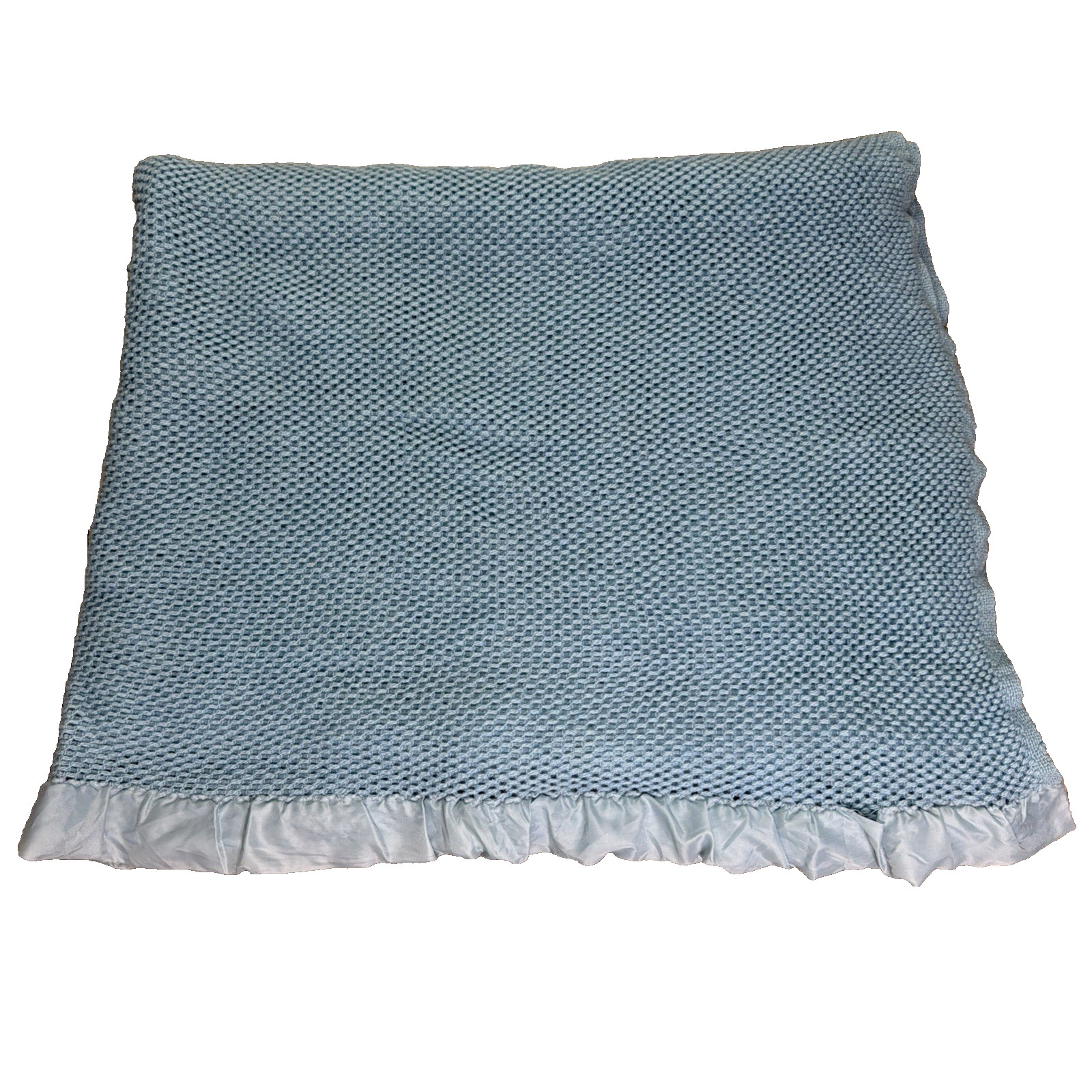 Vtg Faribo Blue Waffle Knit Wool Blanket Satin Trim Breathable Lightweight 51x78