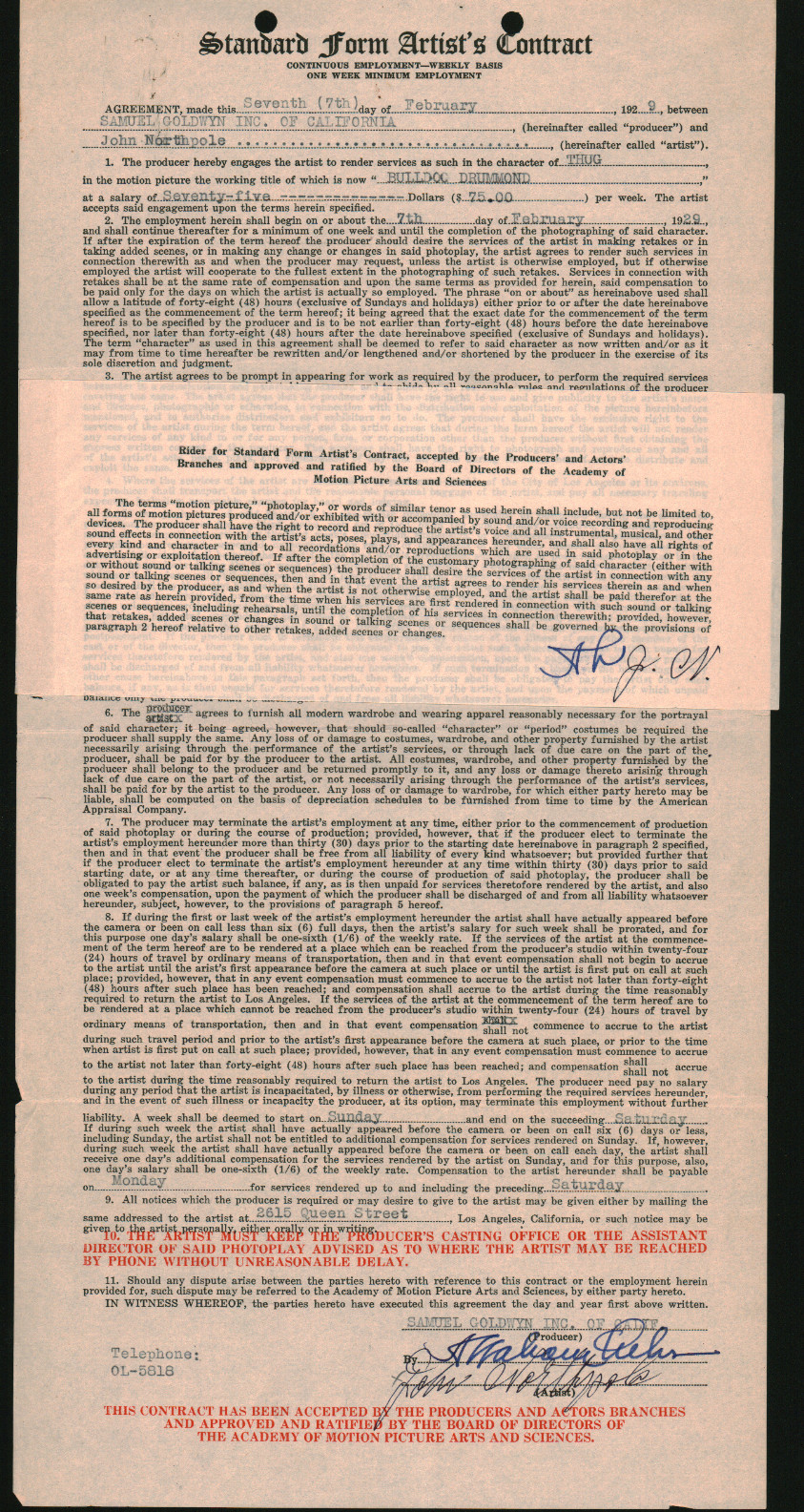 BULLDOG DRUMMOND / John Northpole 1929 signed contract for the role 