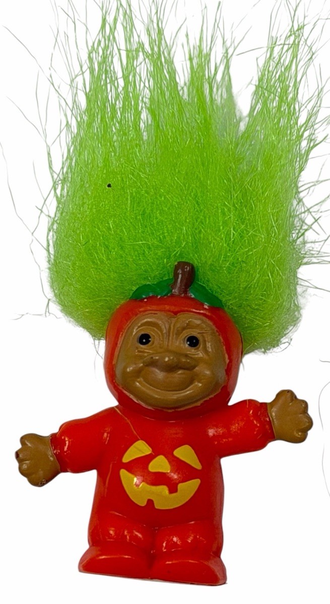 Vintage 1980s Russ Miniature Halloween Troll Pumpkin Jack O Lantern Green Hair