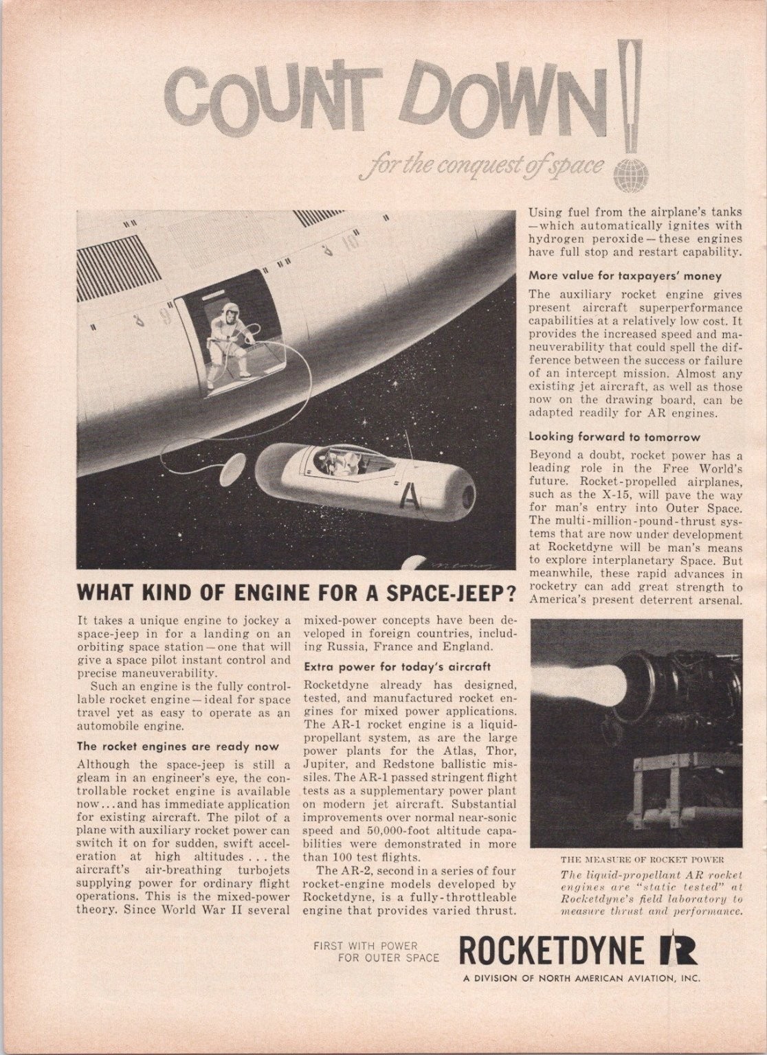 Rocketdyne Vintage Magazine Ad Space Conquest Space-Jeep Engine 1959