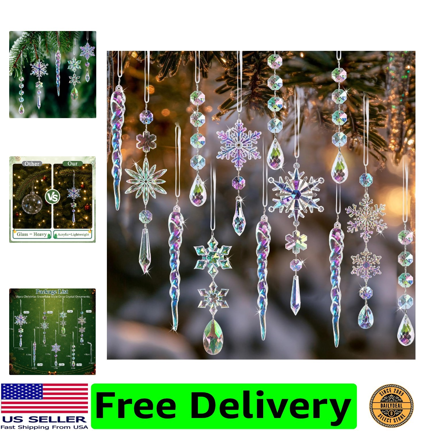 Crystal Christmas Tree Ornaments, 18pcs Iridescent Acrylic Snowflake Icicle