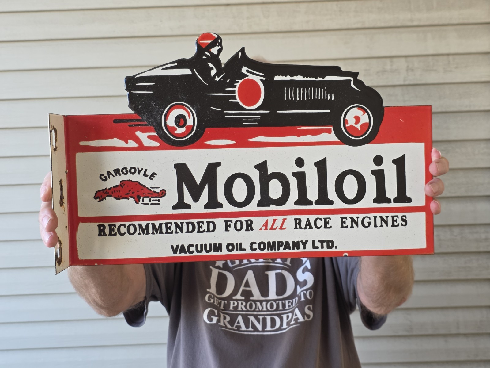 LARGE VINTAGE MOBILOIL GARGOYLE PORCELAIN FLANGE DOUBLE SIDED SIGN 16\