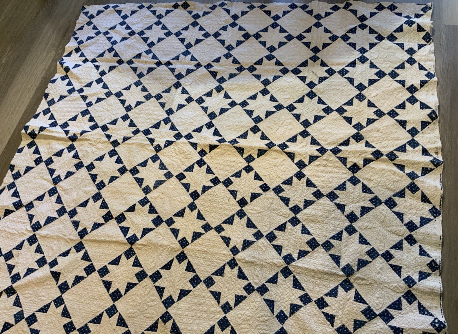 Antique Patchwork Quilt, Star Design, Blue & White, Hand Quilted, 1880’s, As Is