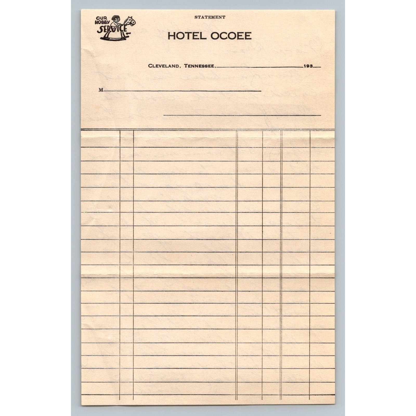1930s Hotel Ocoee Cleveland TN Statement Handwritten Letter Ephemera Letterhead