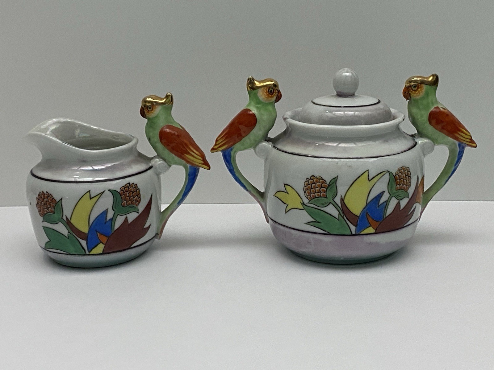 Rare Vtg Tashiro Shoten porcelain HandPainted Parrots  Creamer & Sugar Bowl Set