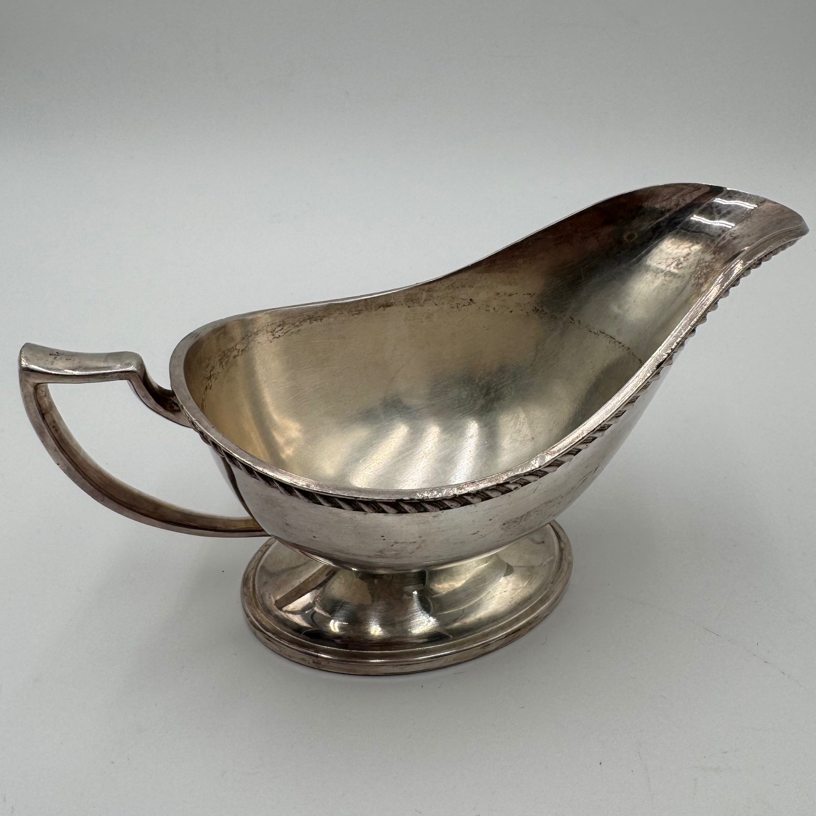Vintage Silverplate Gravy Boat Sauce Pitcher Pedestal Footed Rope Trim