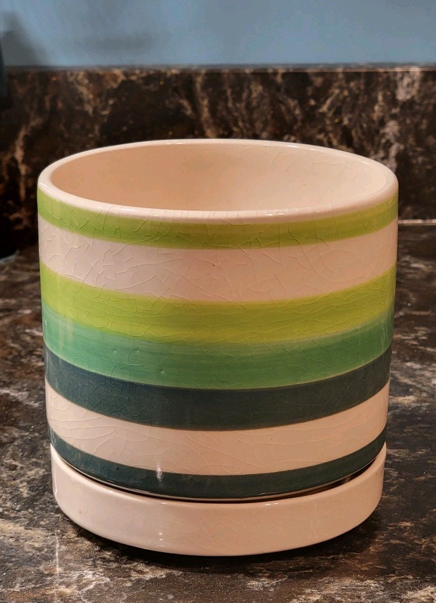 MCM Planter N Things by McCrory Ceramic Green Striped Self Watering Planter Pot MCM Planter N Things by McCrory Ceramic Green Striped Self Watering Planter Pot