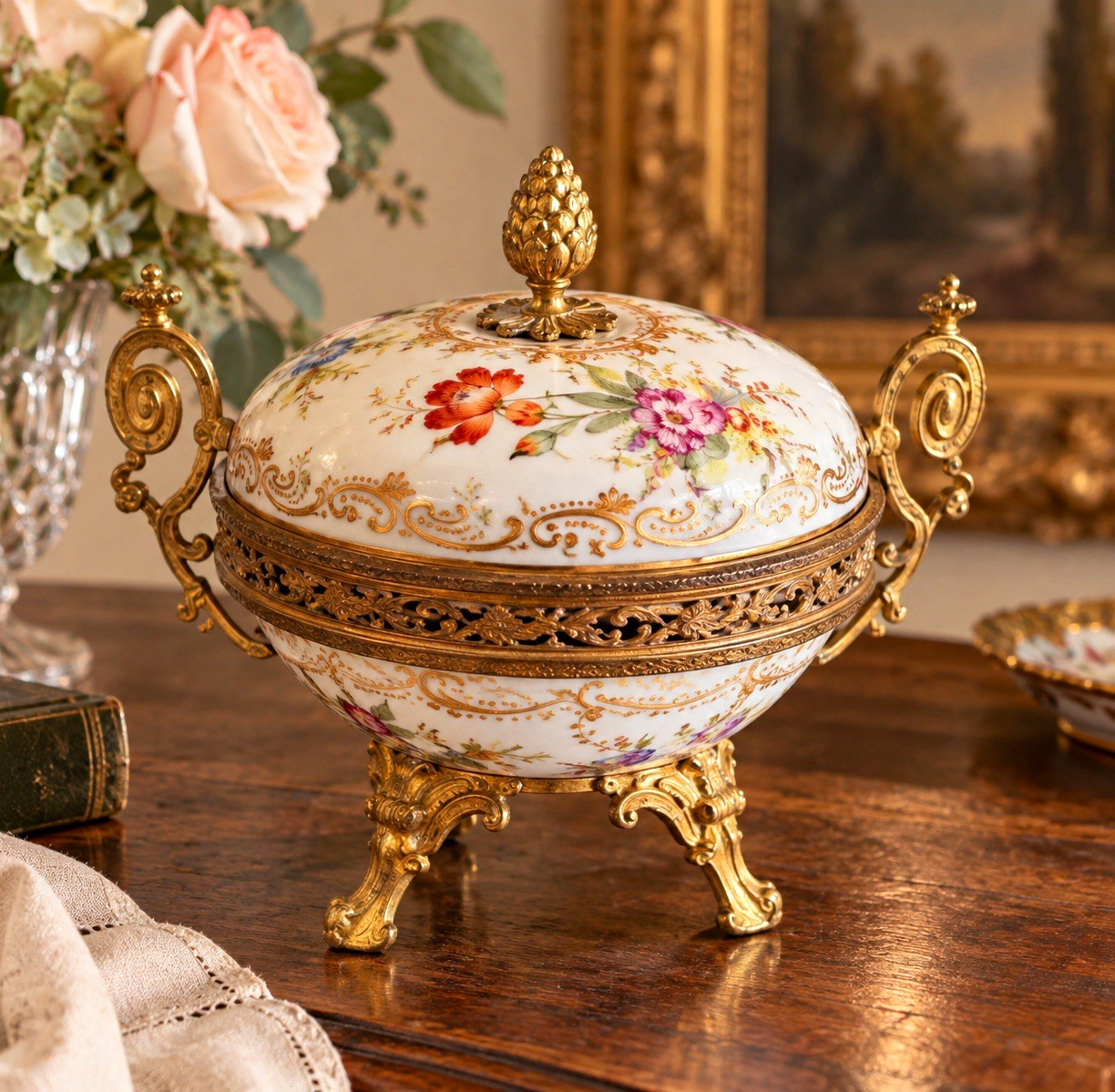 Antique French Sèvres Dèposè Porcelain Gilt Bronze Ormolu Bowl/Bonbonniere