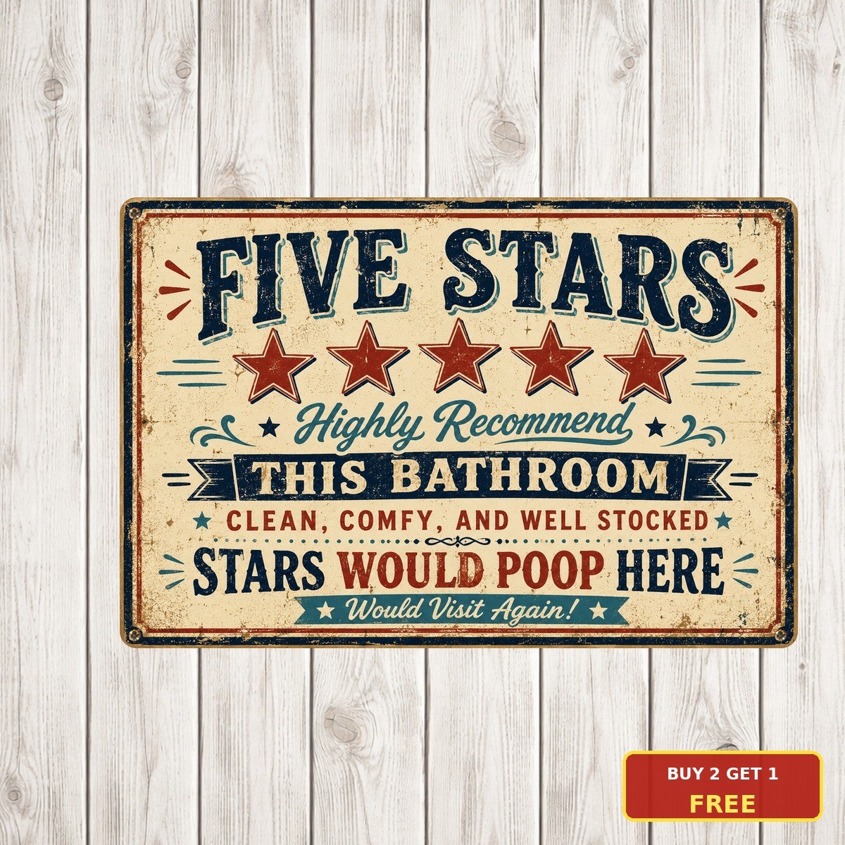 Five Stars Would Poop Here Again Funny Restroom Bathroom Metal Tin Sign Plaque