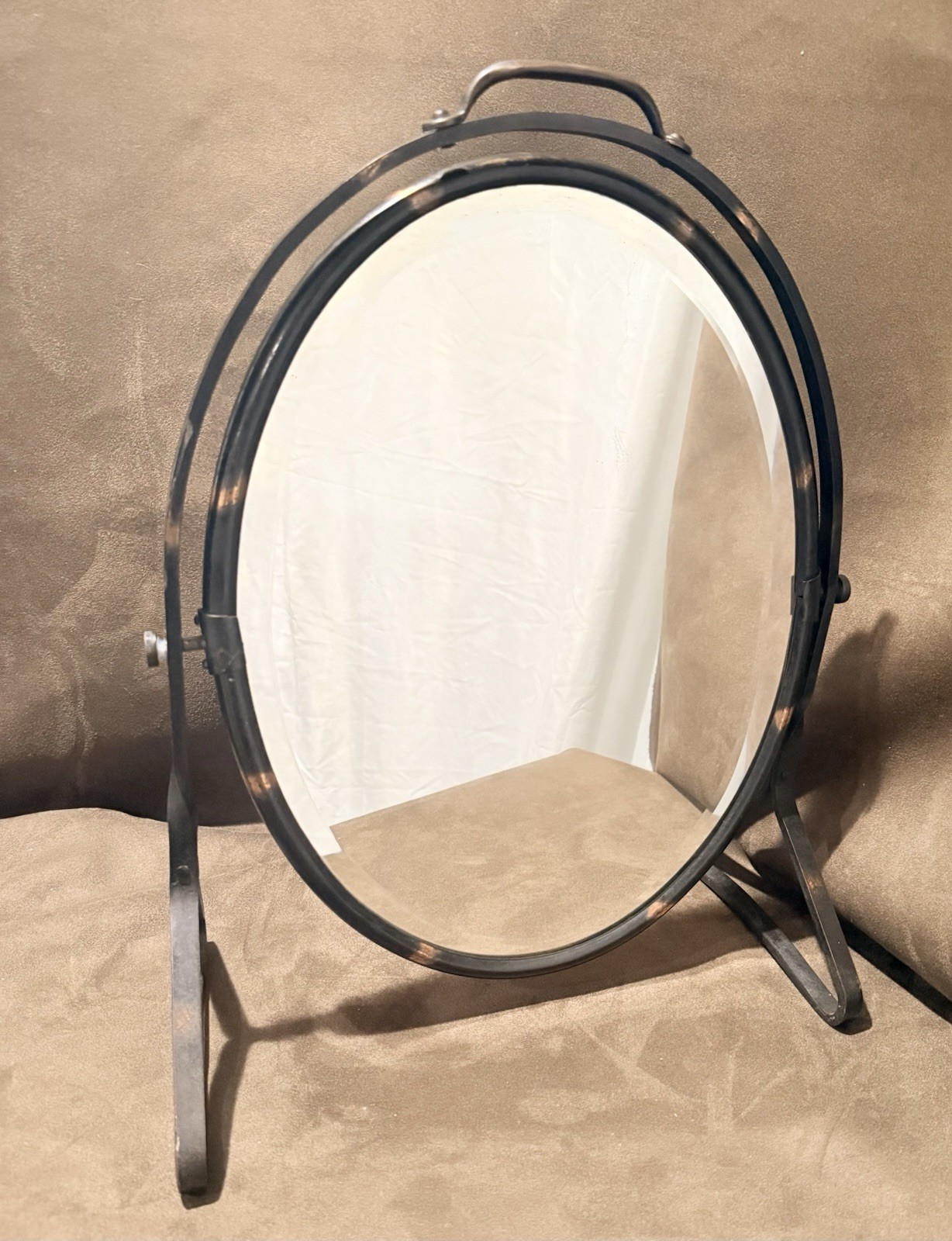 Antique Arts & Crafts Shaving Vanity Mirror Beveled Glass Tabletop Japanned