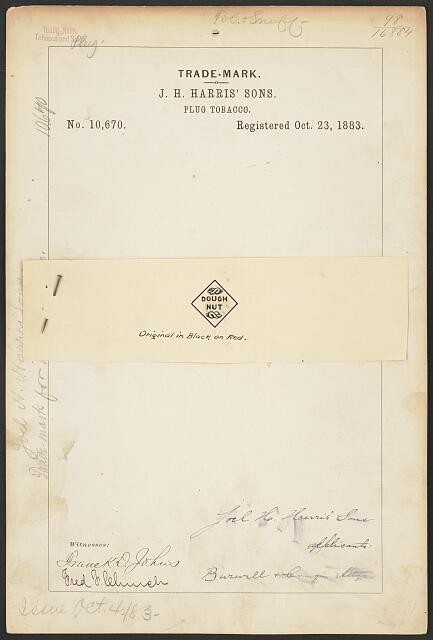 Photo:J H Harris Sons Dough Nut Plug Tobacco Trademark 1883 Document