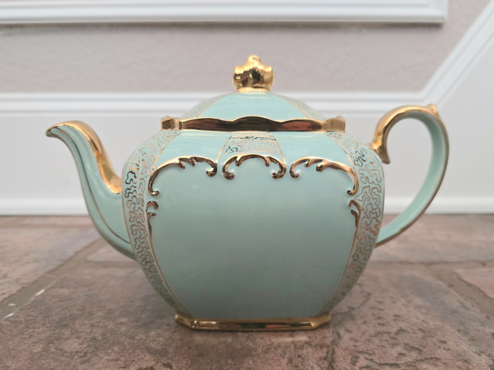 Antique Sadler Cube Teapot England 1948 w/ Tag, Mint Green w/Gold Embellishments