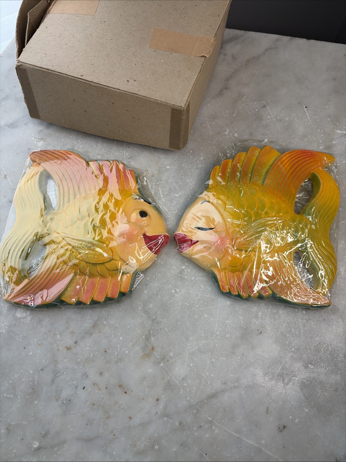 Vintage 1954Miller Studio Aquatic Kitsch Chalkware Wall Art Mr& Mrs Fish 