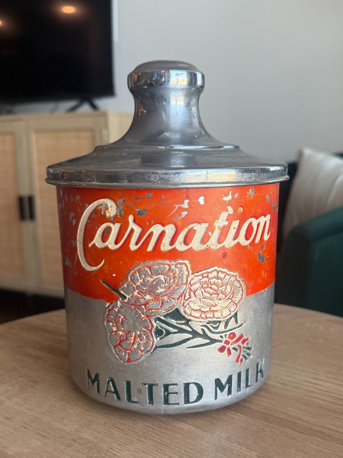 Vintage Carnation Malted Milk Metal Canister with Lid 1930s