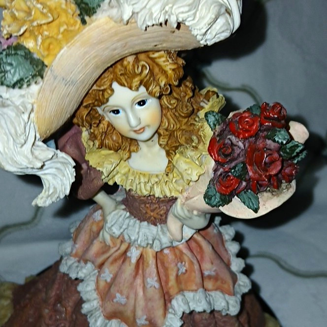 Victorian Style Girl Figurine Holding Floral Bouquet on Base, Painted Resin
