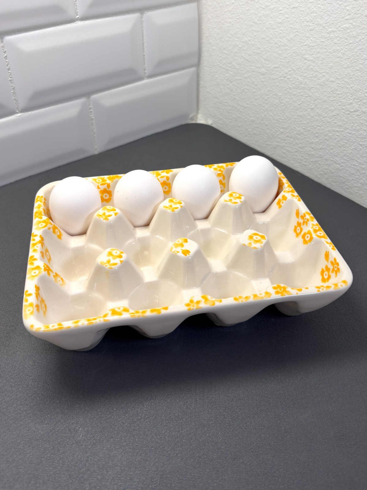 Yellow Floral Ceramic Egg Holder Tray 12 Count Cottagecore Farmhouse Kitchen