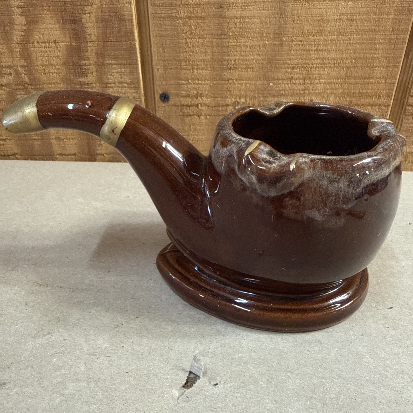 Vintage Napco Japan Pottery Pipe Shape Ashtray Brown Drip Glaze Mid Century