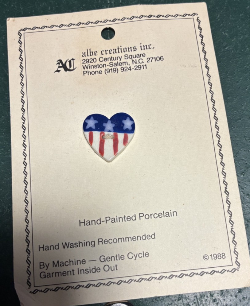 Carded Handcrafted Heart Porcelain Patriotic Button RED WHITE & BLUE 1 Inch