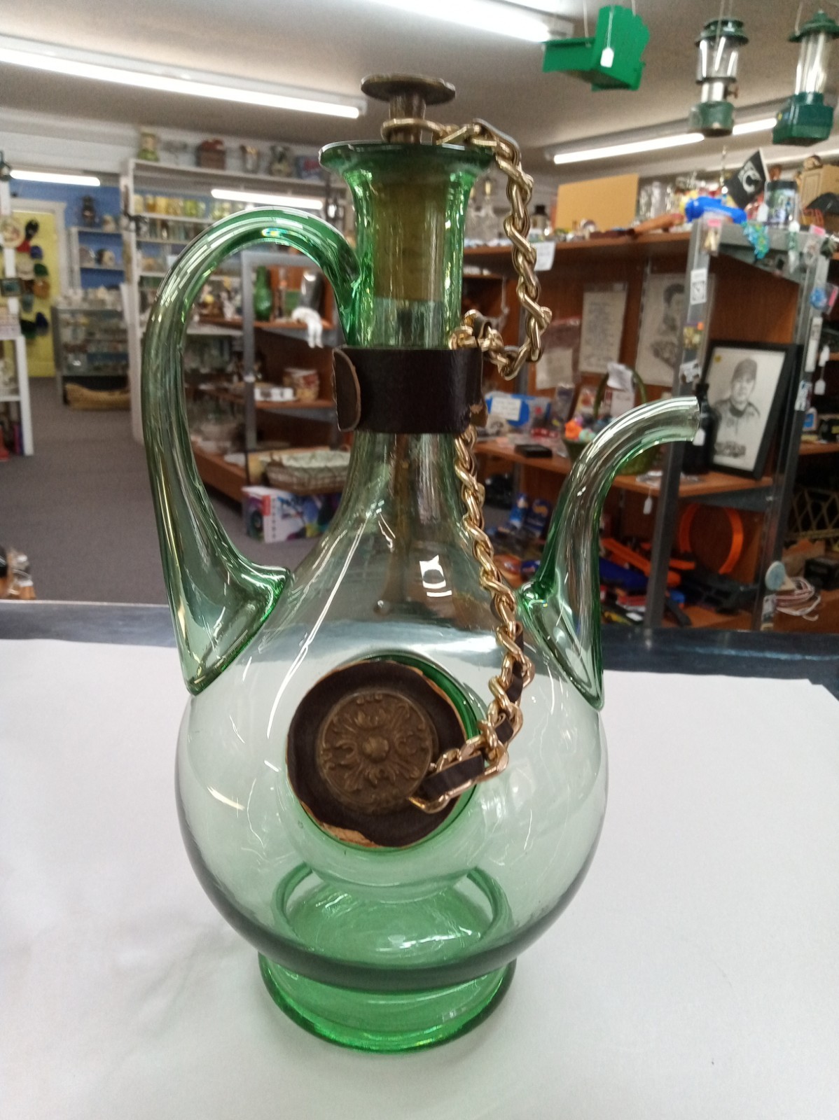 Vintage Italian Green Glass Wine Decanter With Built-In Ice Chamber