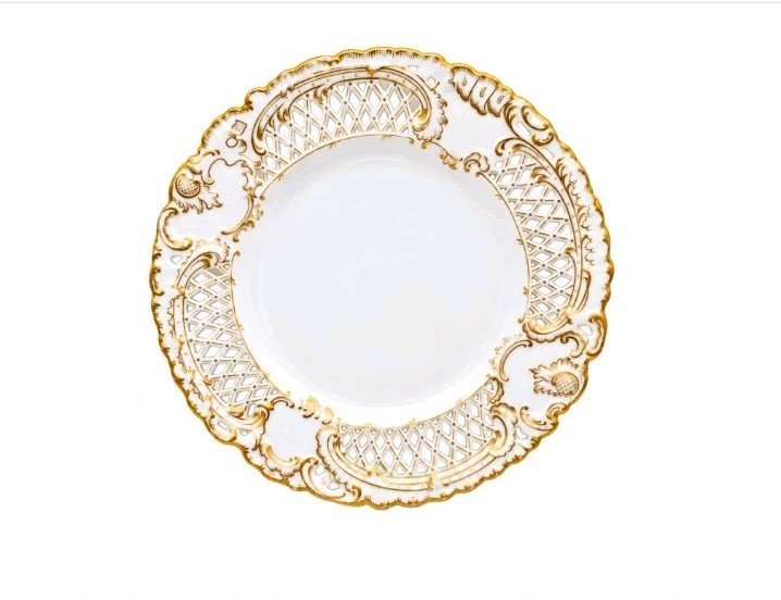 Vintage Reticulated Porcelain Wall Plate Gold Gilt Pierced Rococo 8.5\