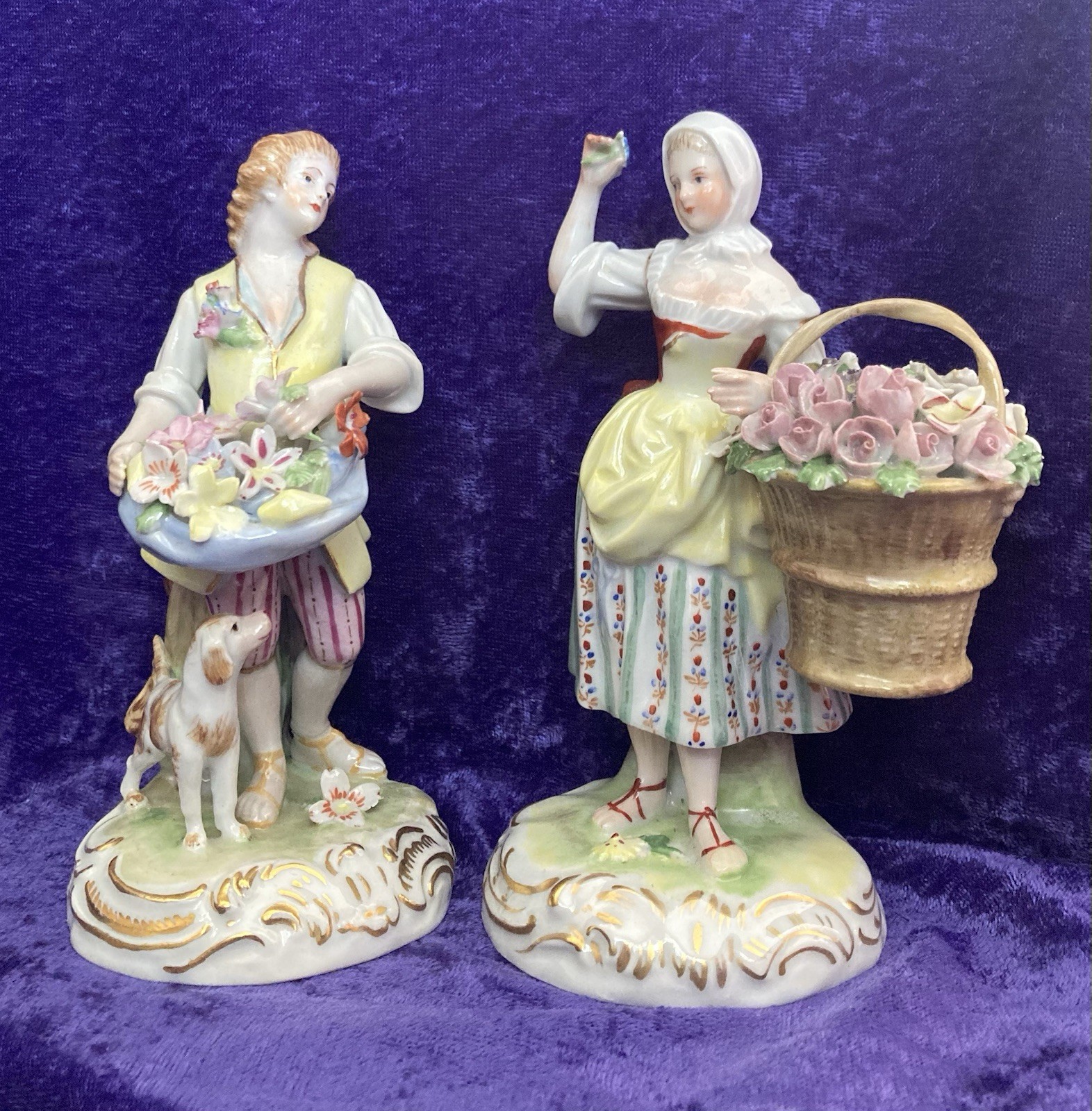 2 Karl Thieme Porcelain Pastoral Style Figurines Gardener’s Child, Flower Seller 2 Karl Thieme Porcelain Pastoral Style Figurines Gardener’s Child, Flower Seller