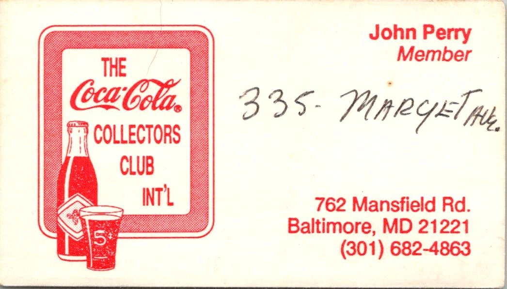 The Coca-Cola Collectors Club Int'l John Perry MD Vintage Business Card 5MM28-6