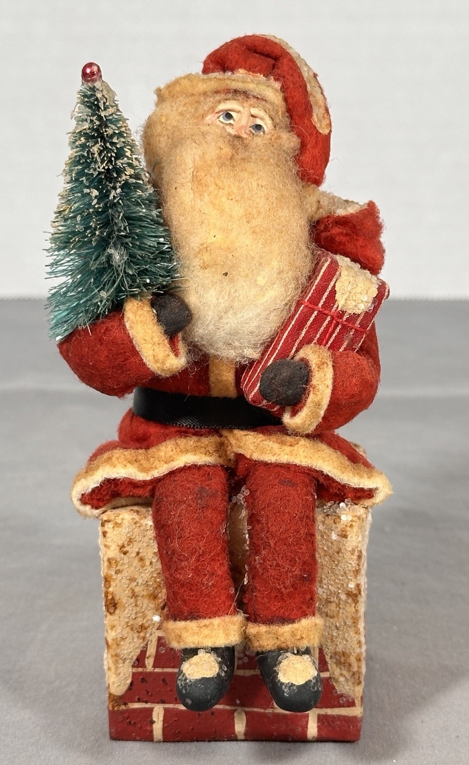 Primitive Folk Art Santa Belsnickle Style Red Felt Wool on Chimney Figure 5.5\