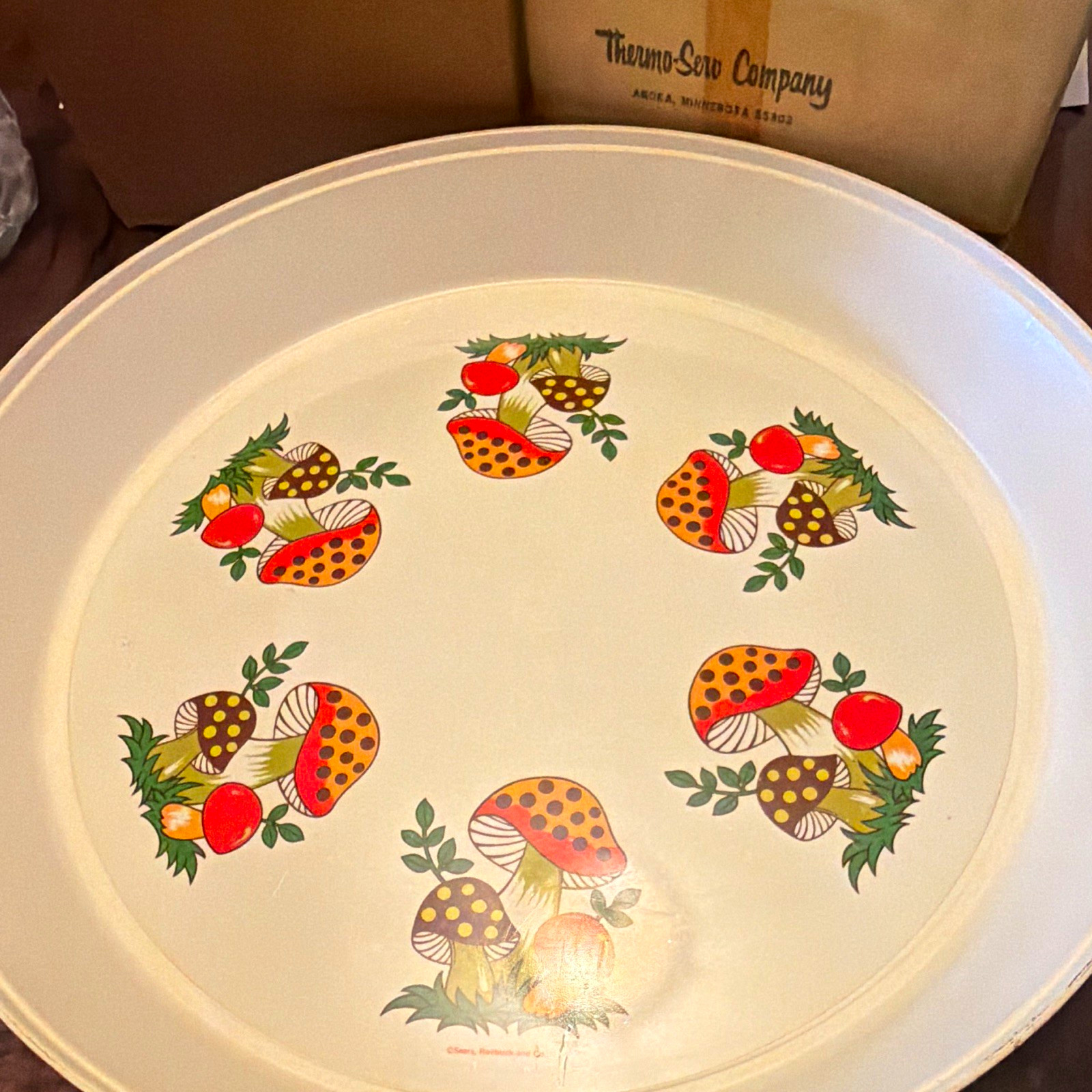 Thermo-Serv Round Serving Tray, White Plastic, Merry Mushroom Pattern Thermo-Serv Round Serving Tray, White Plastic, Merry Mushroom Pattern