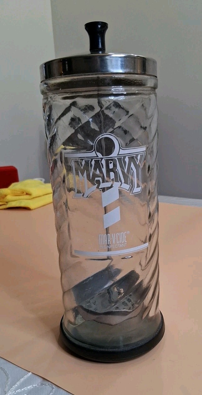 🤩 Vintage Marvy Barber Shop Disinfectant & Germicide Sanitizer Glass Jar, RARE 