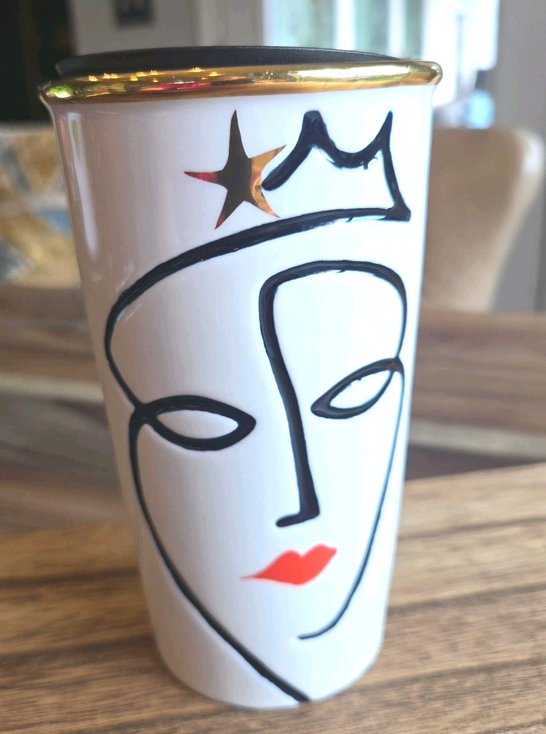 Starbucks Queen 2015 Anniversary Ceramic Tumbler Coffee Mug Lid 10 oz Siren Gold