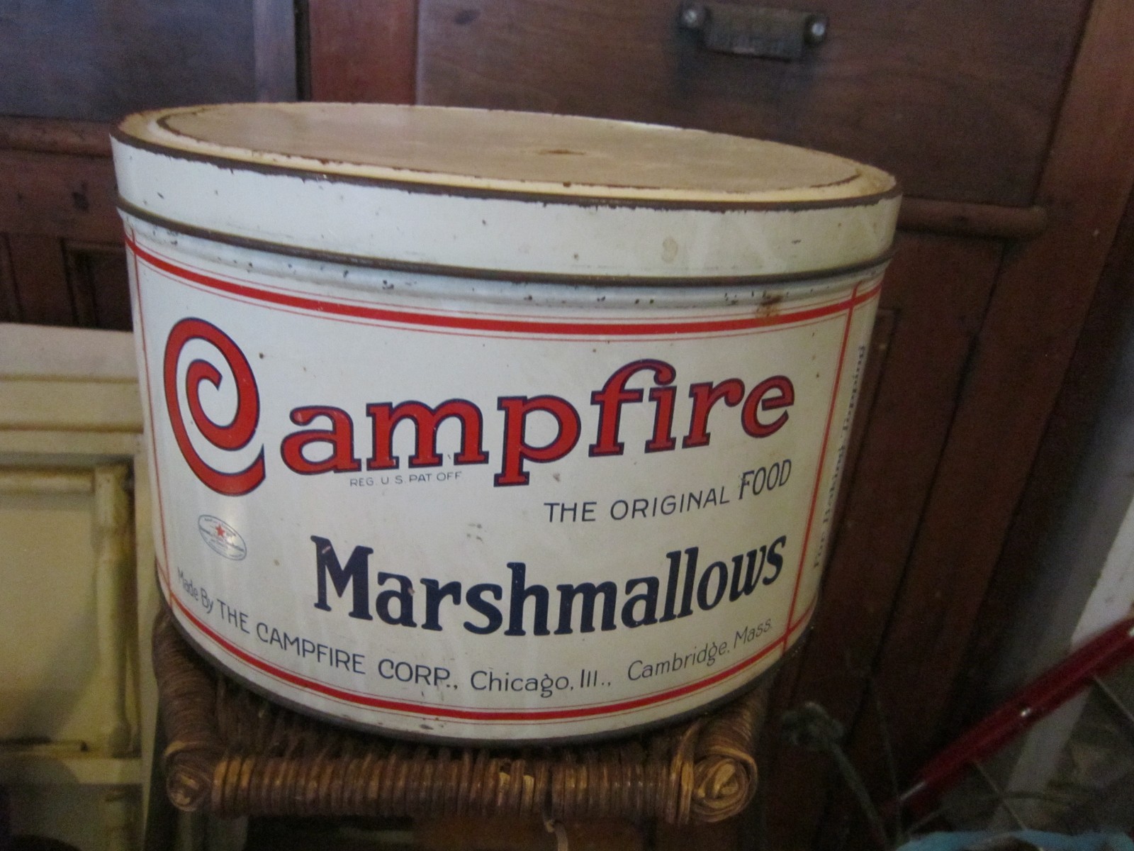 Vtg Campfire Marshmallows 5 lb Size Advertising Tin Can w/ Lid The Campfire Co.
