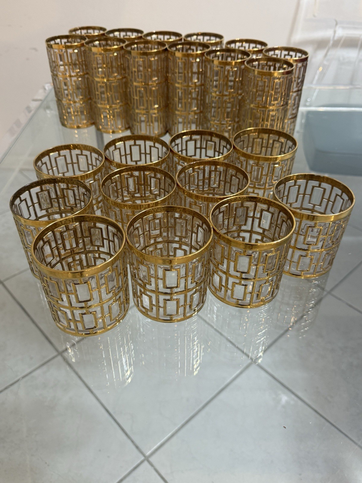 Vintage MCM Imperial Shoji Trellis 22k 11 Whiskey Glasses & 12 HighBall Glasses