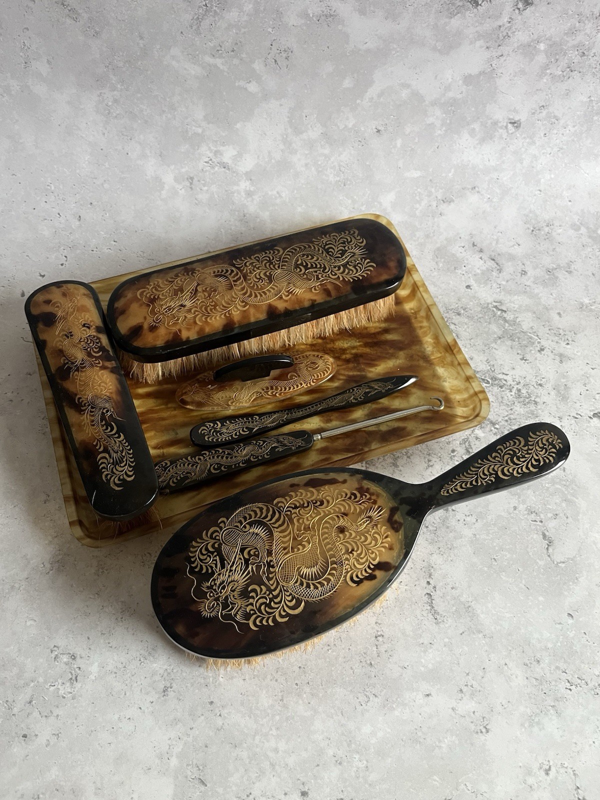 Vintage Early 20thC Faux Tortoiseshell 7 Piece Vanity Set Gold Dragon Engraved