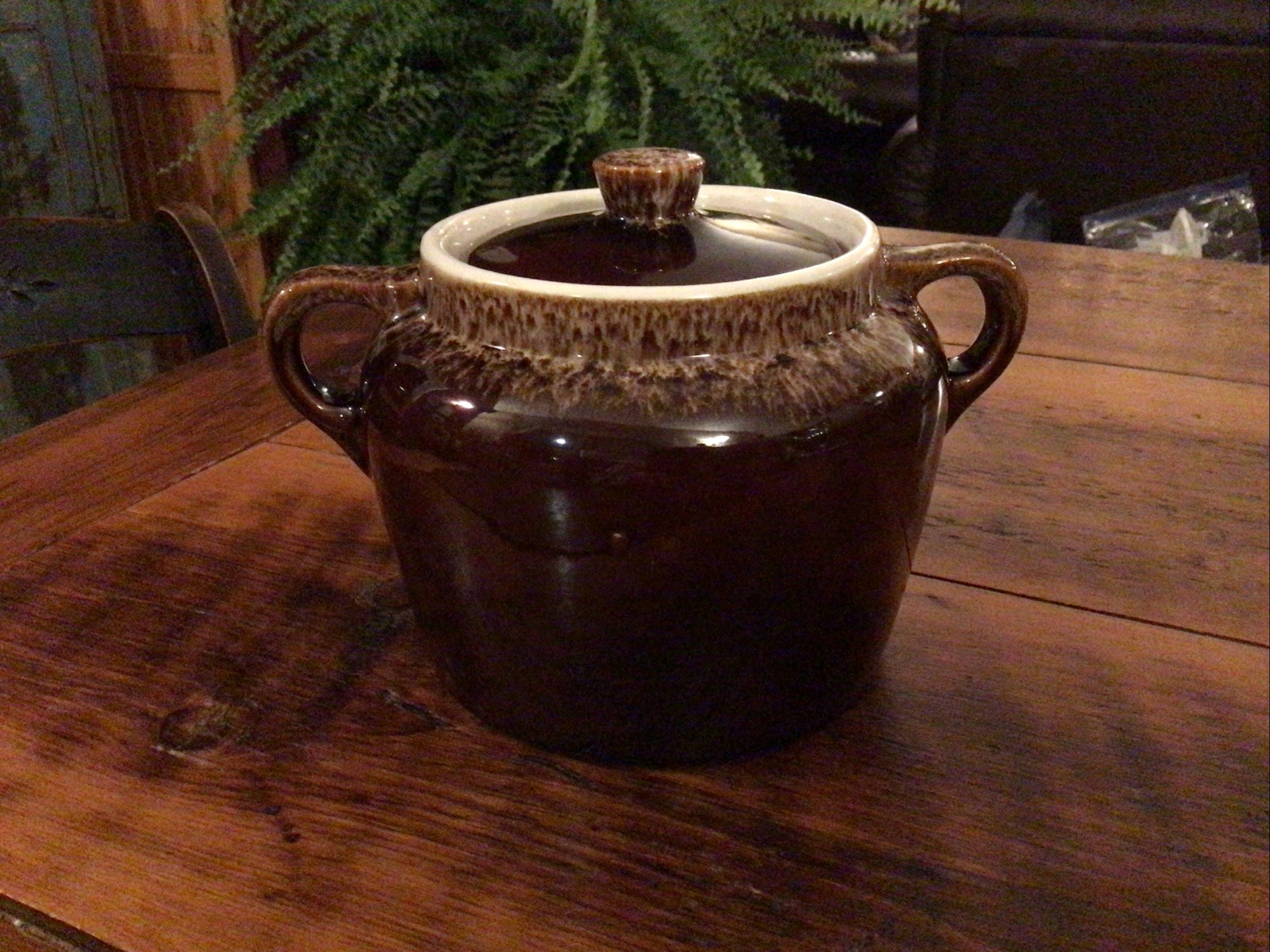 Rubel Bean Pot, Brown Drip Glaze Two Handled Pot + Lid, Rustic Stoneware