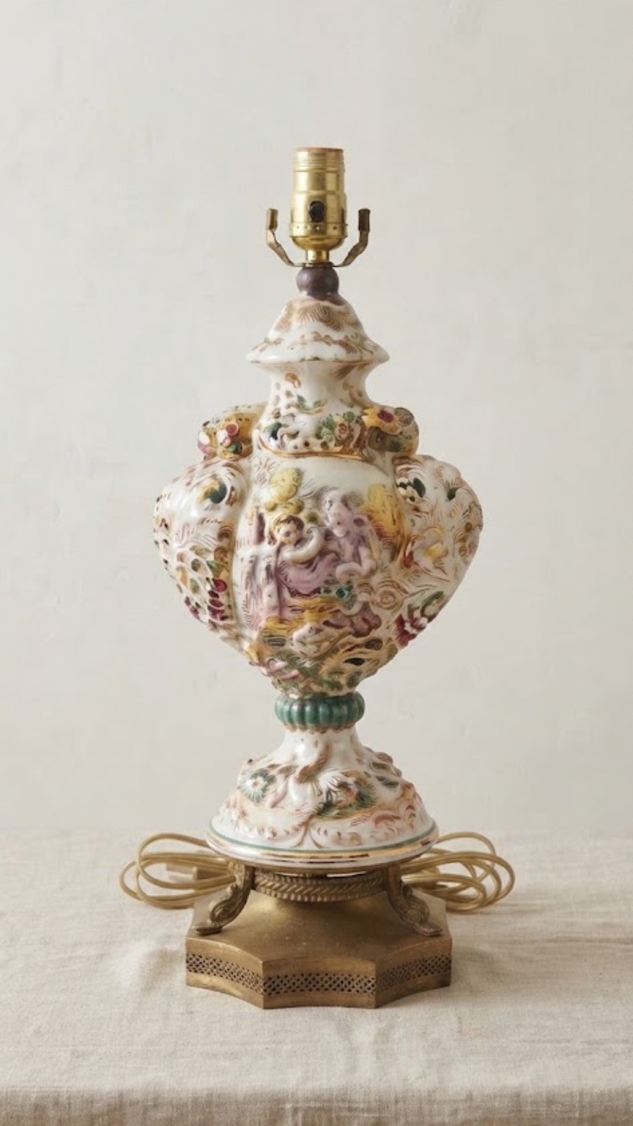 Vintage Capodimonte Style Pierced Porcelain Table LampPutti Cherubs Gold Accents