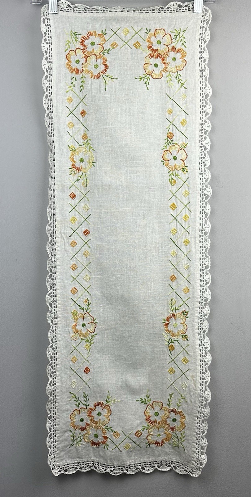 White Linen Floral Needlepoint Embroidery Table Runner With Lace Edge 13x36” White Linen Floral Needlepoint Embroidery Table Runner With Lace Edge 13x36”
