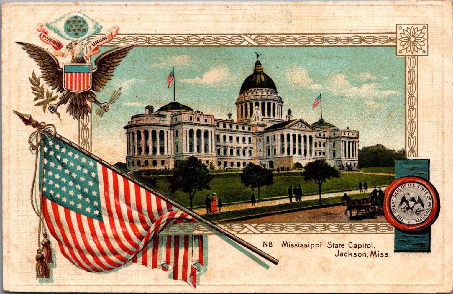 Mississippi State Capitol Jackson MS Embossed Flag Eagle Postcard c1907