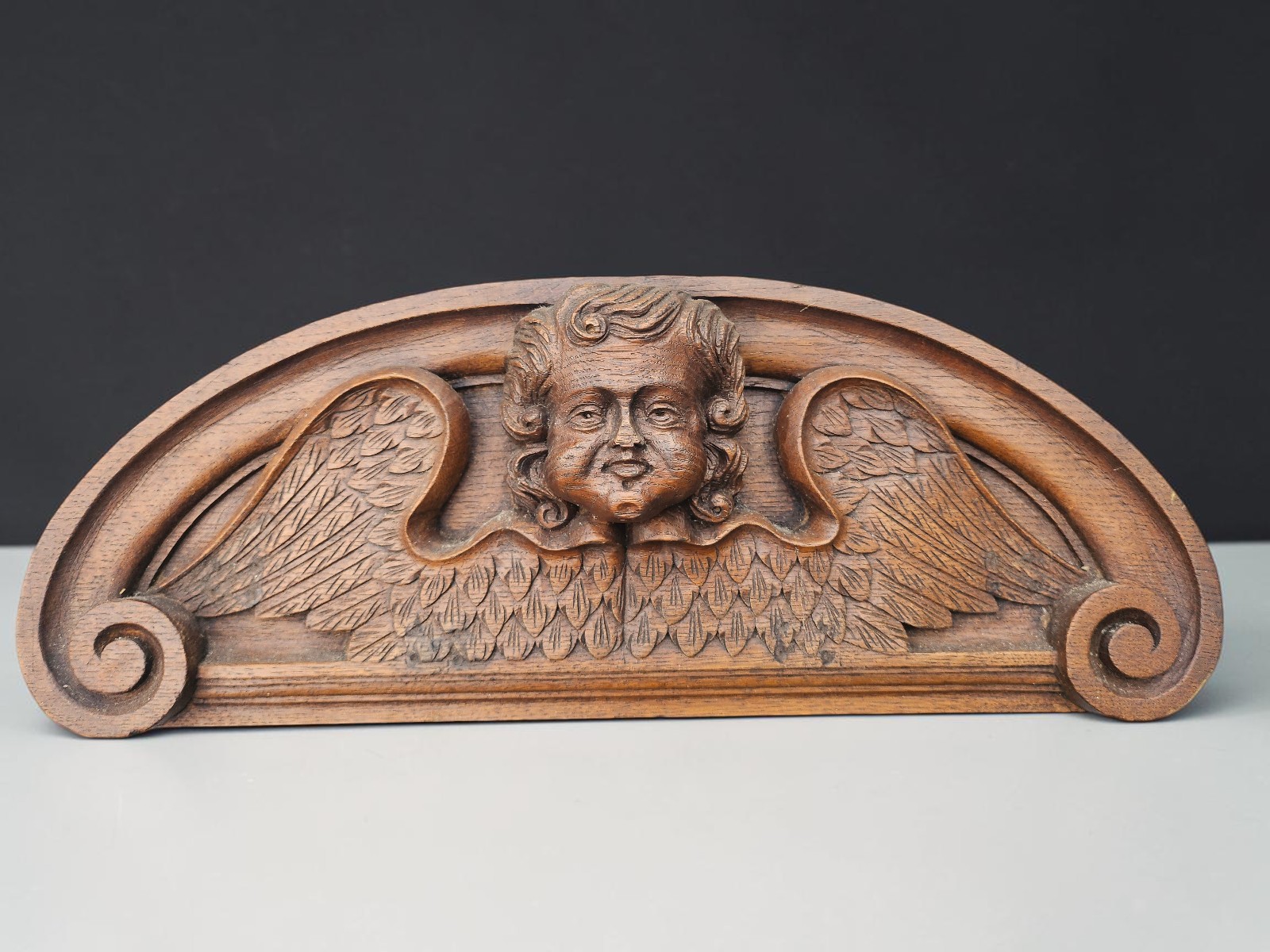 Antique oak wood carved  angel head wall plaque
