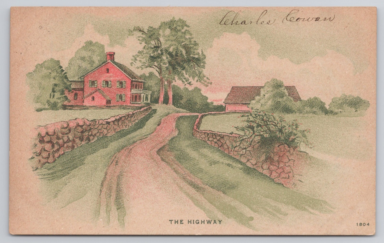 Postcard The Highway Red Farmhouse Stone Wall 1909 Jeffersonville IN