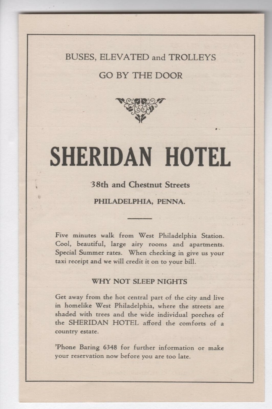 Vintage Antique 1920's Travel - Sheridan Hotel - Philadelphia - 1929 Art AD