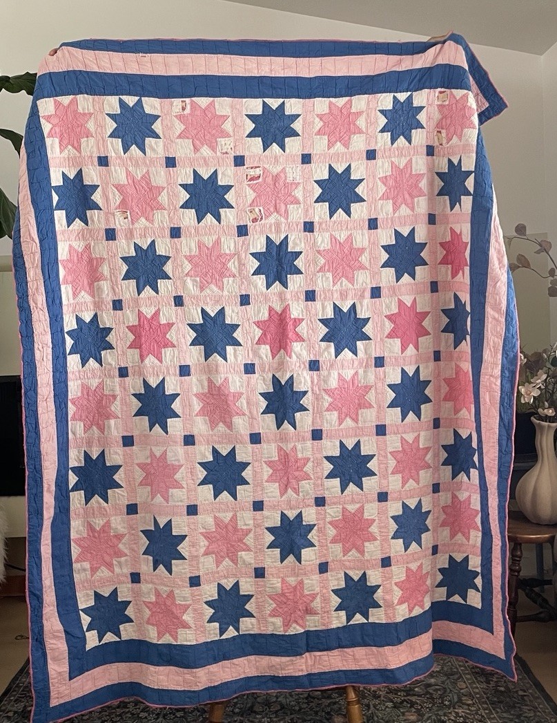 Antique Eight Point Star Quilt 80x66 Hand Quilted Wool Batting Pink Blue
