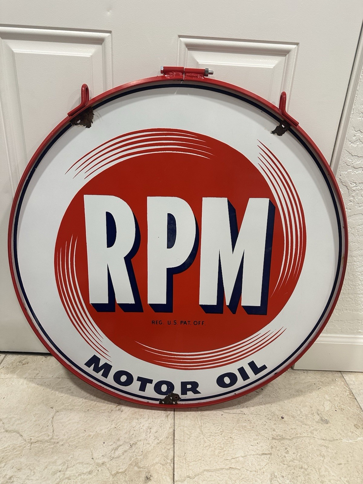 Vintage RPM Motor Oil Porcelain Sign Original Rare With Added Ring 28” DSP NICE