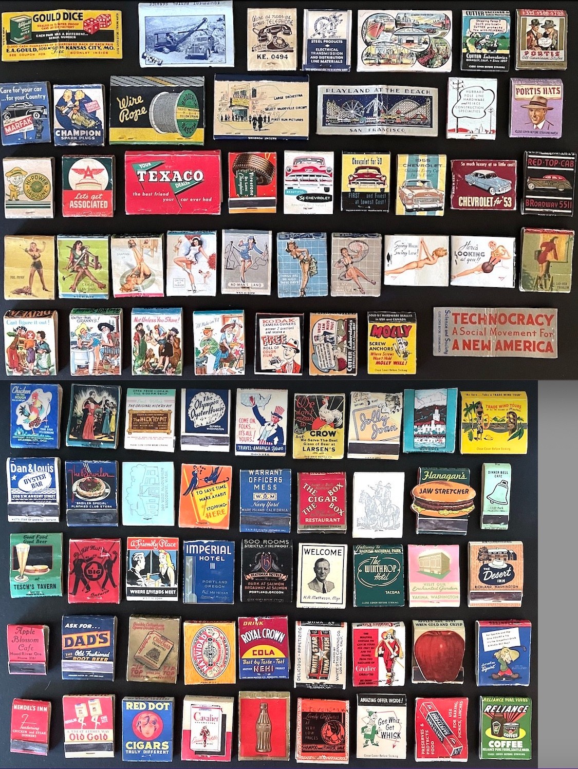 86 vintage Matchbook covers: 1940's/50's pinup hillbilly Technocracy Chevy - lot