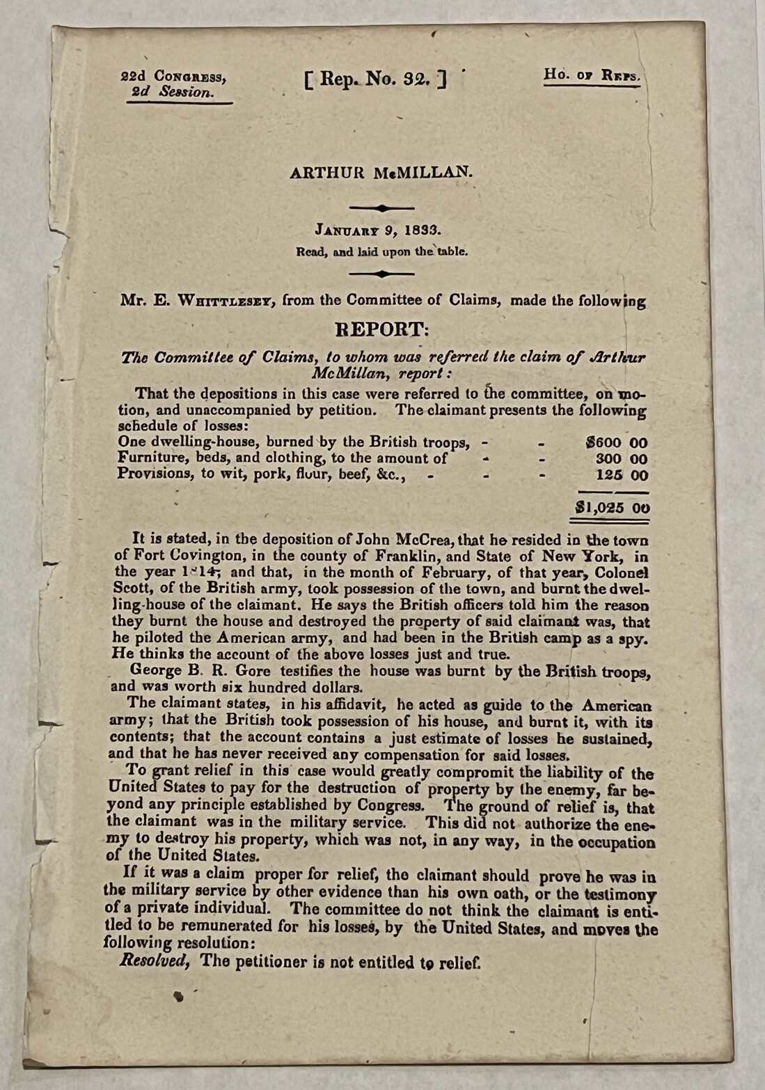 1833 WAR CLAIMS REPORT DWELLING-HOUSE BURNED BY BRITISH TROOPS FORT COVINGTON