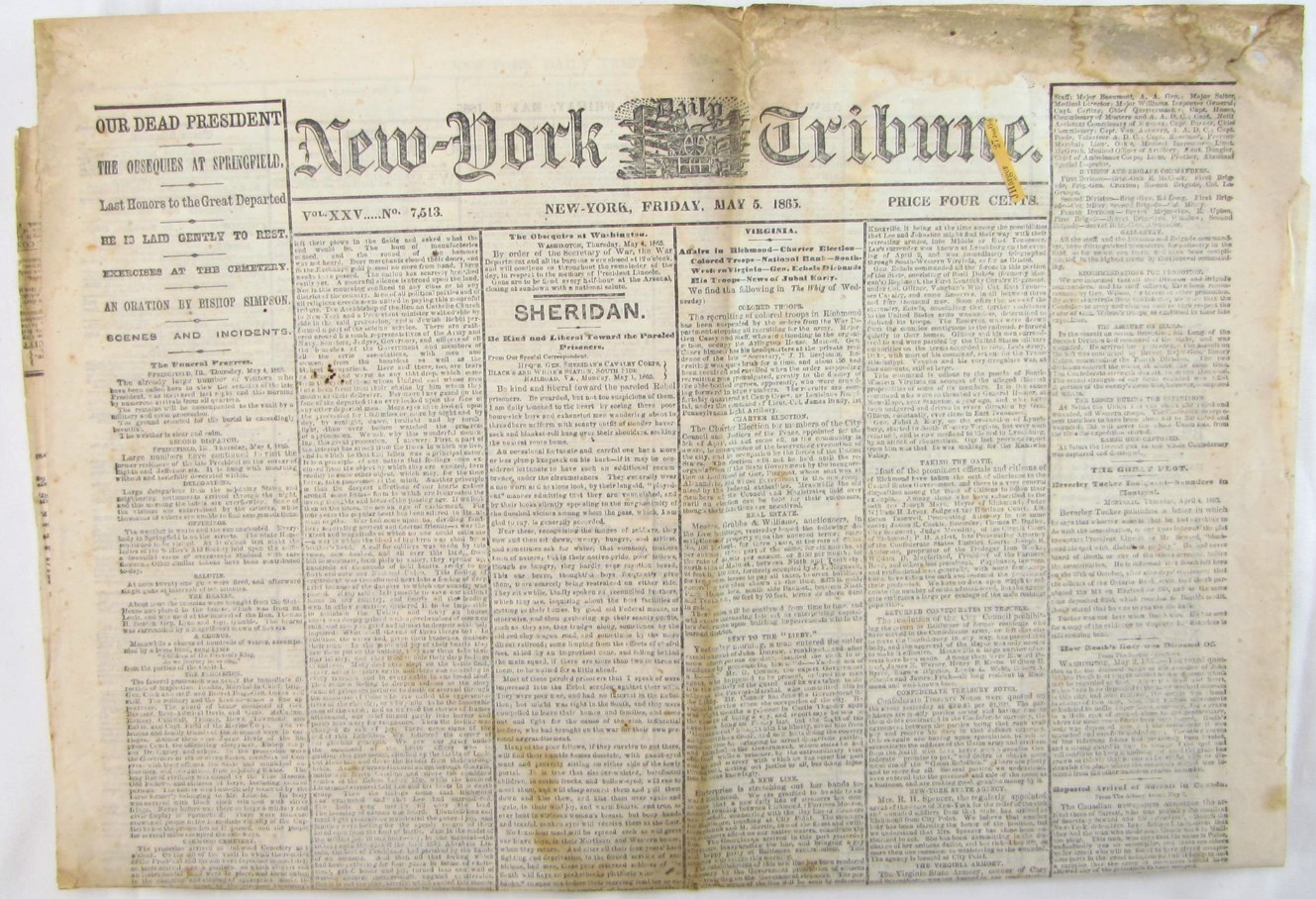Antique 1865 Civil War - Abraham Lincoln Funeral Newspaper